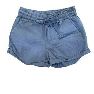 Y2K Womens Sz M‎ Linen Blend Cuffed Blue Chambray Shorts Coastal Cottage Cowgirl